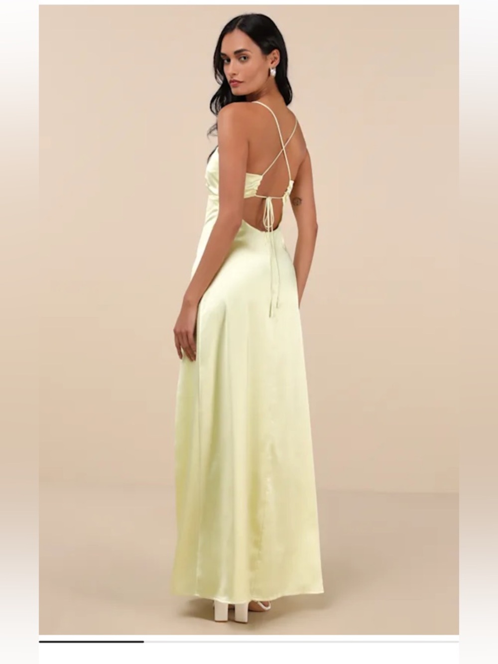 NWT Lulus Stunning Example Light Yellow Satin Backless Maxi Dress - Picture 2 of 8